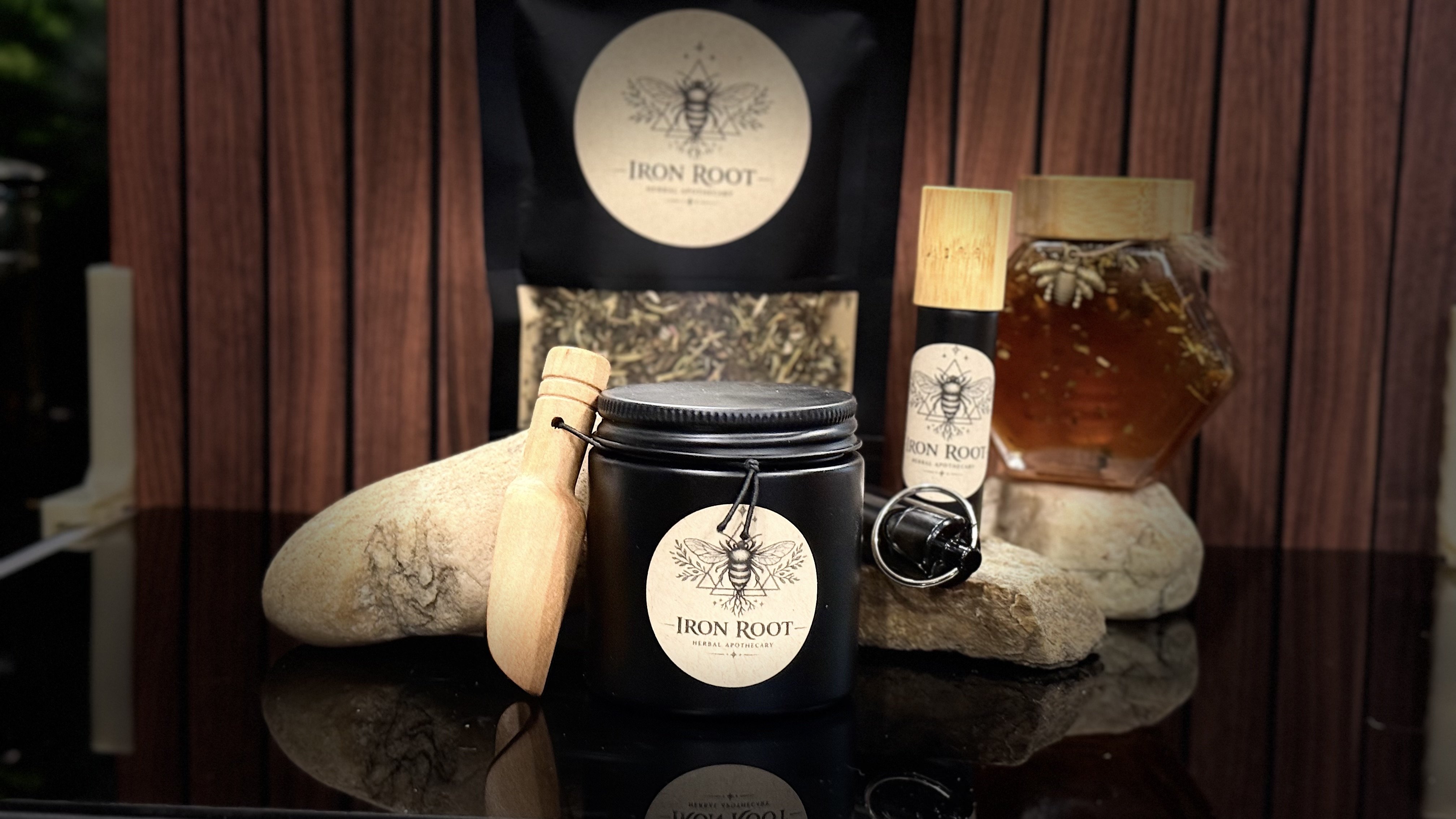 Iron Root black jar with bee and root label